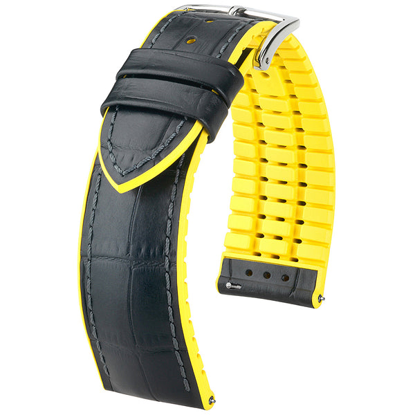 Hirsch Andy Performance Alligator Black Yellow Leather Watch Strap-Holben's Fine Watch Bands