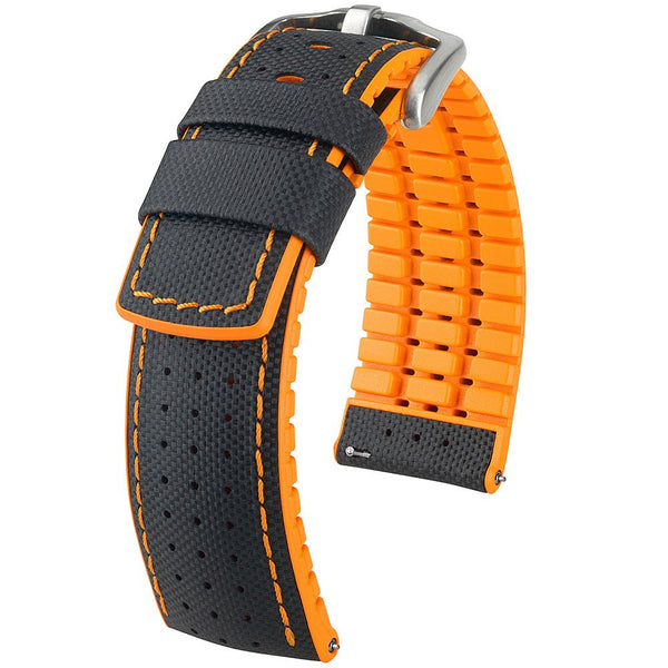 Hirsch Robby Sailcloth Black Orange Leather Watch Strap-Holben's