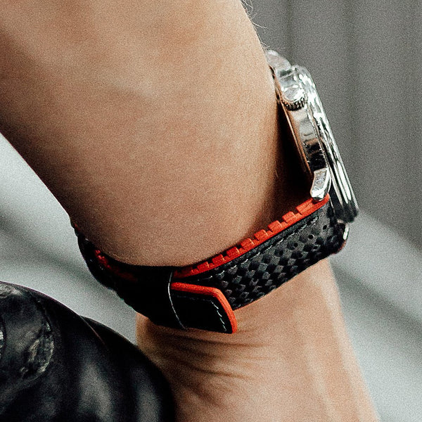 Hirsch Robby Sailcloth Black Red Leather Watch Strap-Holben's