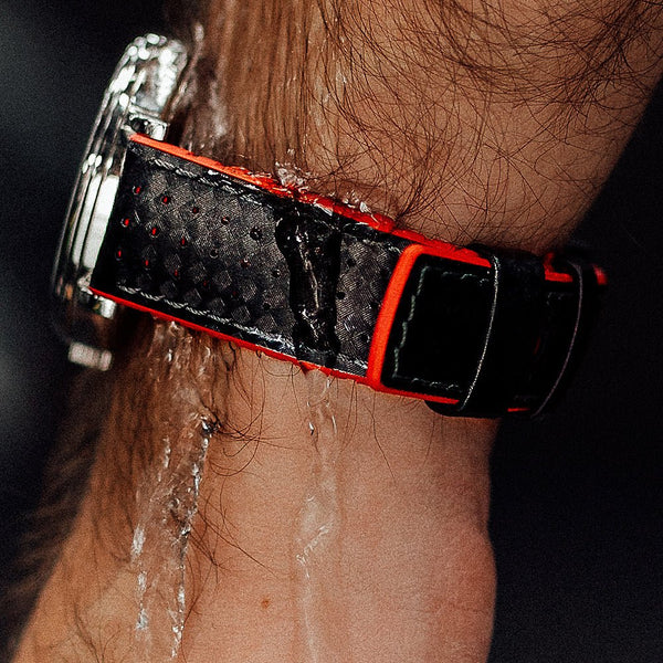 Hirsch Robby Sailcloth Black Red Leather Watch Strap-Holben's