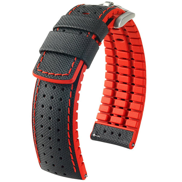 Hirsch Robby Sailcloth Black Red Leather Watch Strap-Holben's