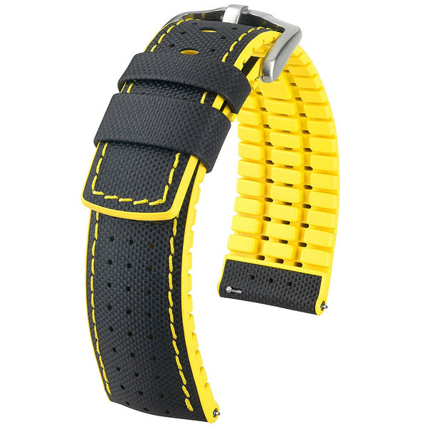 Hirsch Robby Sailcloth Black Yellow Leather Watch Strap-Holben's