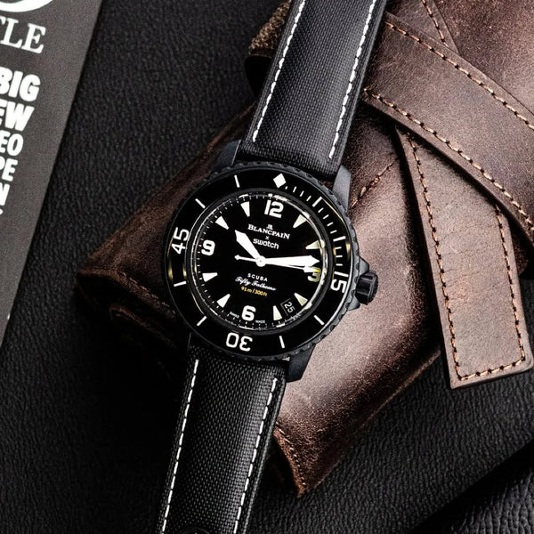 Artem Loop-Less Sailcloth Black White Stitch Watch Strap | Holben's