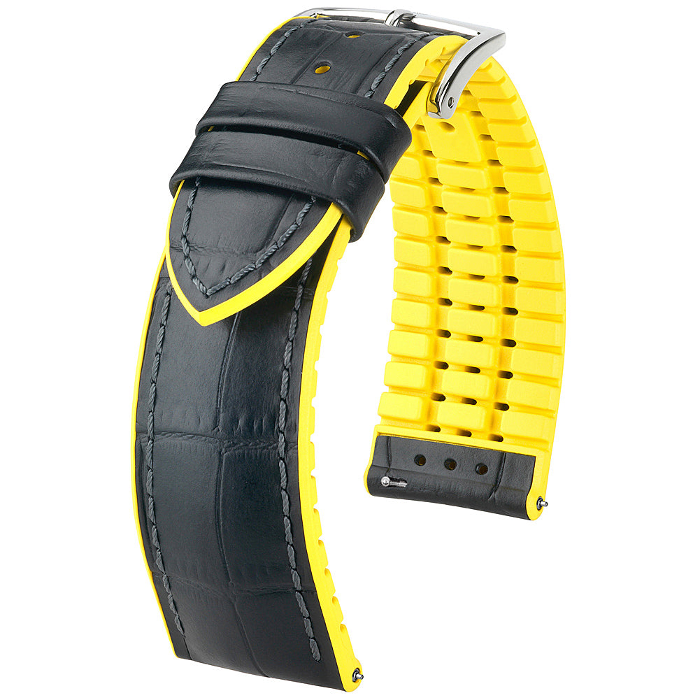 Hirsch Andy Performance Alligator Black Yellow Leather Watch Strap-Holben's Fine Watch Bands