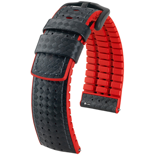 Hirsch Ayrton Carbon Black Red-Stitch PVD Leather Watch Strap-Holben's Fine Watch Bands