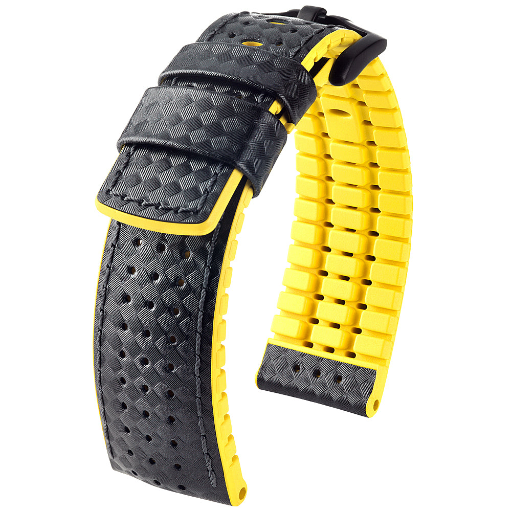 Hirsch Ayrton Carbon Black Yellow PVD Leather Watch Strap-Holben's Fine Watch Bands