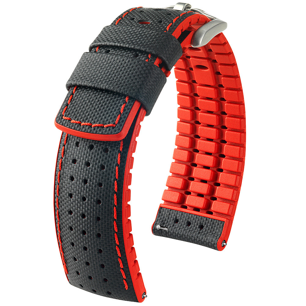 Hirsch Robby Sailcloth Black Red Leather Watch Strap-Holben's Fine Watch Bands